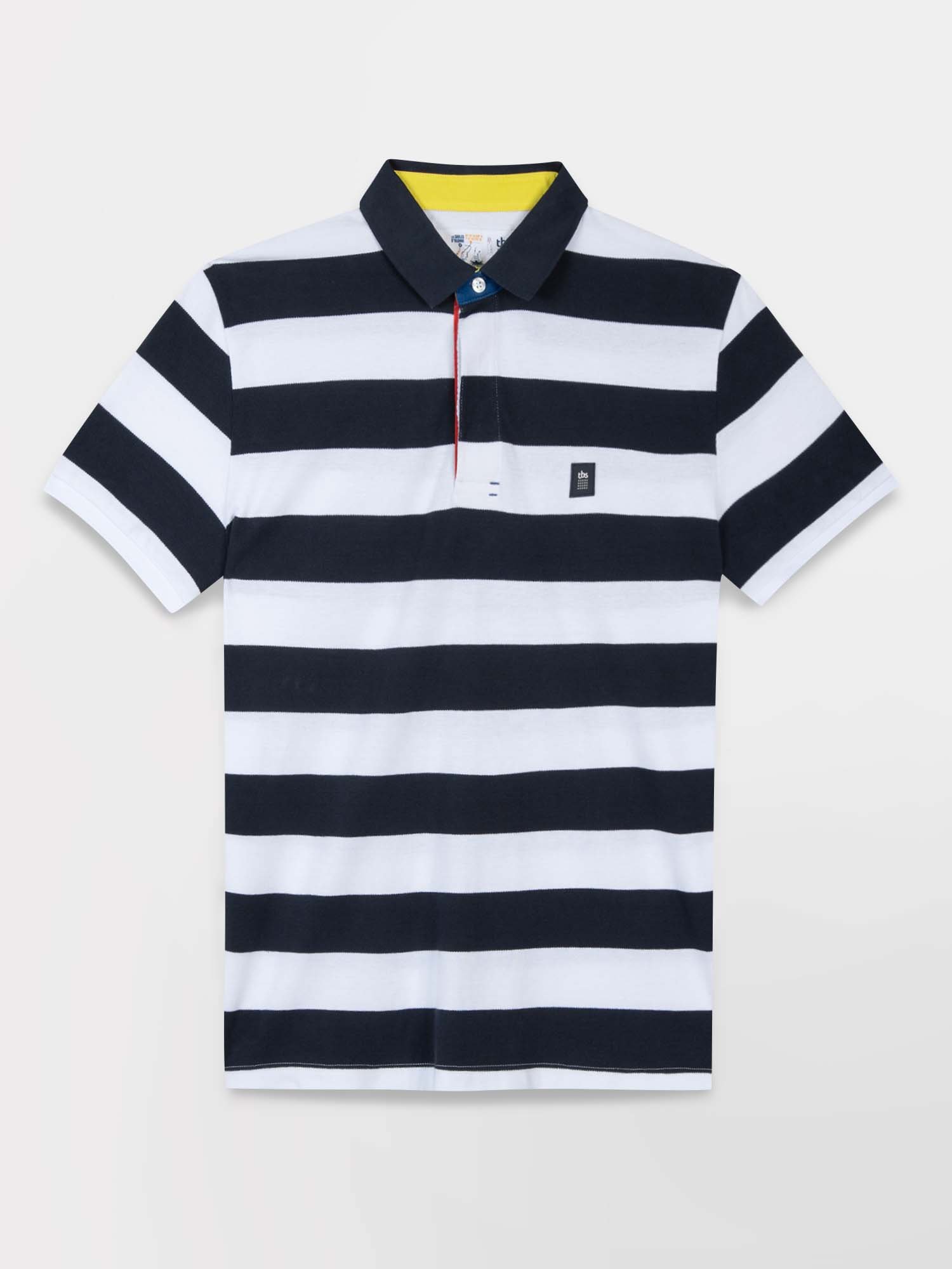 Polo Homme Coton Piqué Biologique Larges Rayures Marine et Blanc