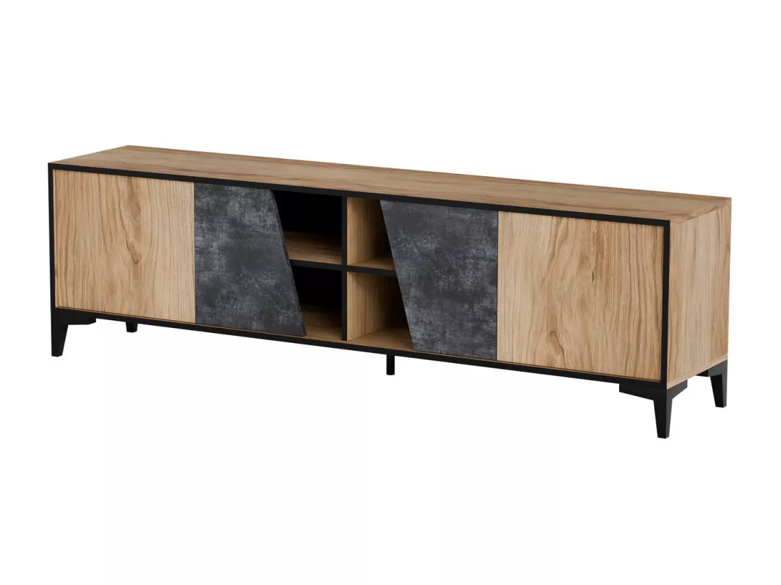 Meuble TV design couleur chêne et béton foncé avec 4 portes Ludwig