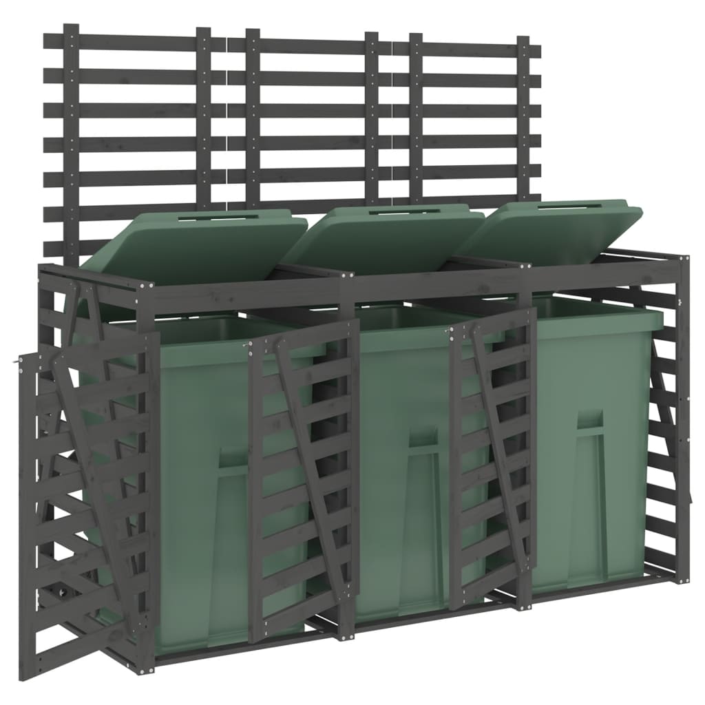 Abri pour poubelle triple sur roulettes gris bois massif de pin