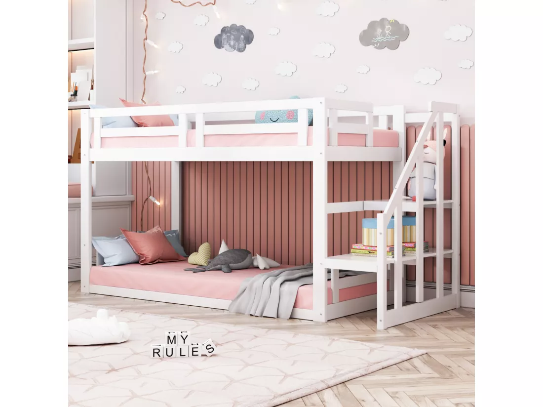 Lit superposé 90x200cm - lit d'enfant avec escalier de sécurité, cadre de lit en bois massif et sommier à lattes - blanc