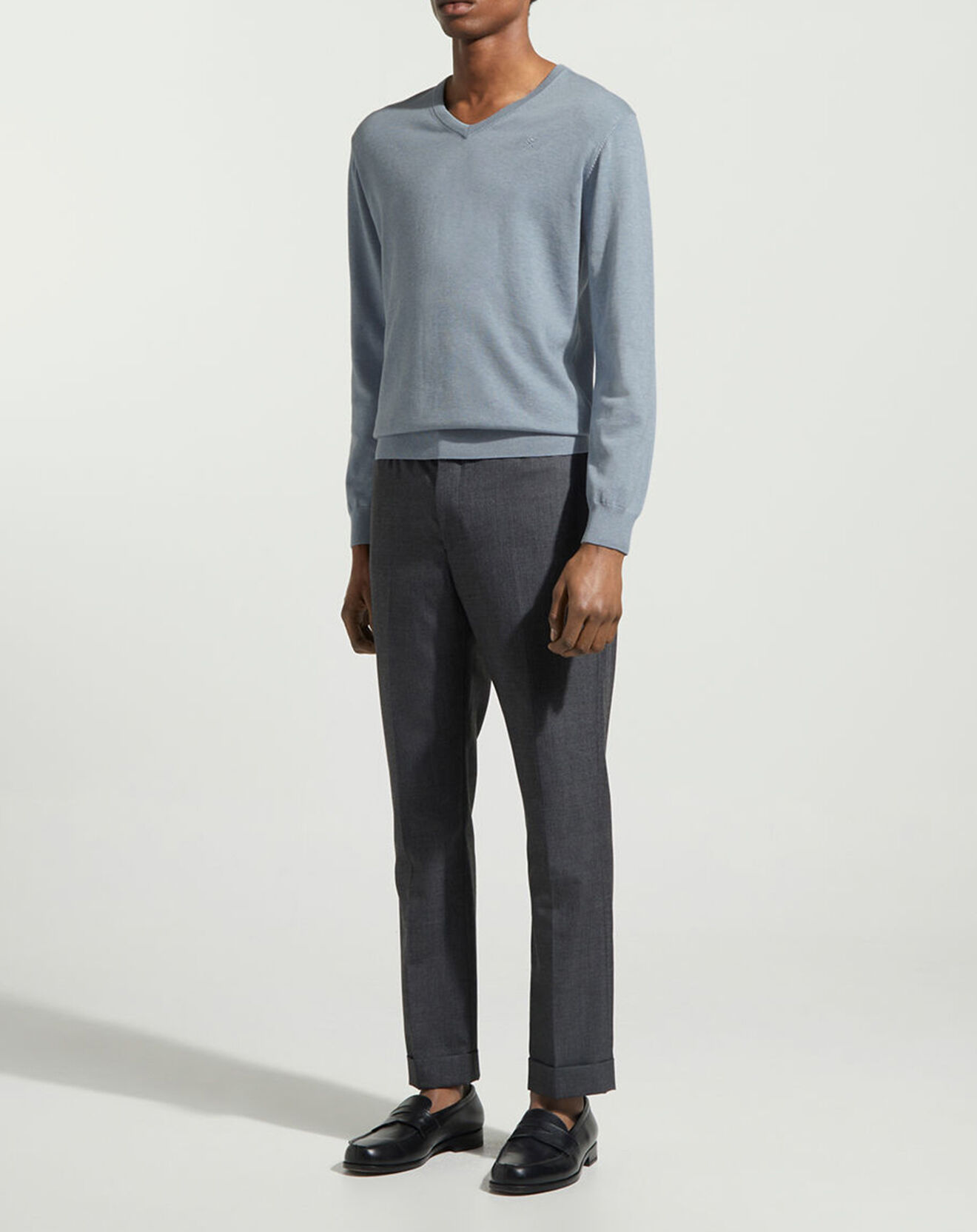 Hackett London Pull en Coton & Soie col V bleu moyen chiné