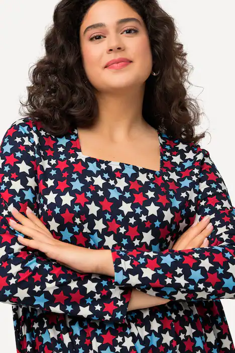 Kleid, Jersey mit Sterne, A-Linie, Carree-Ausschnitt, Langarm, marine