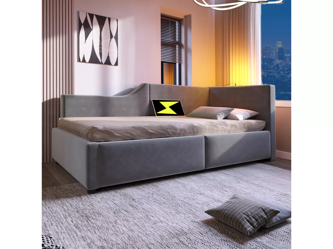 Lit coffre 90x190cm - Lit banquette en velours - avec liseuse et ports de charge - avec sommier à lattes - Gris