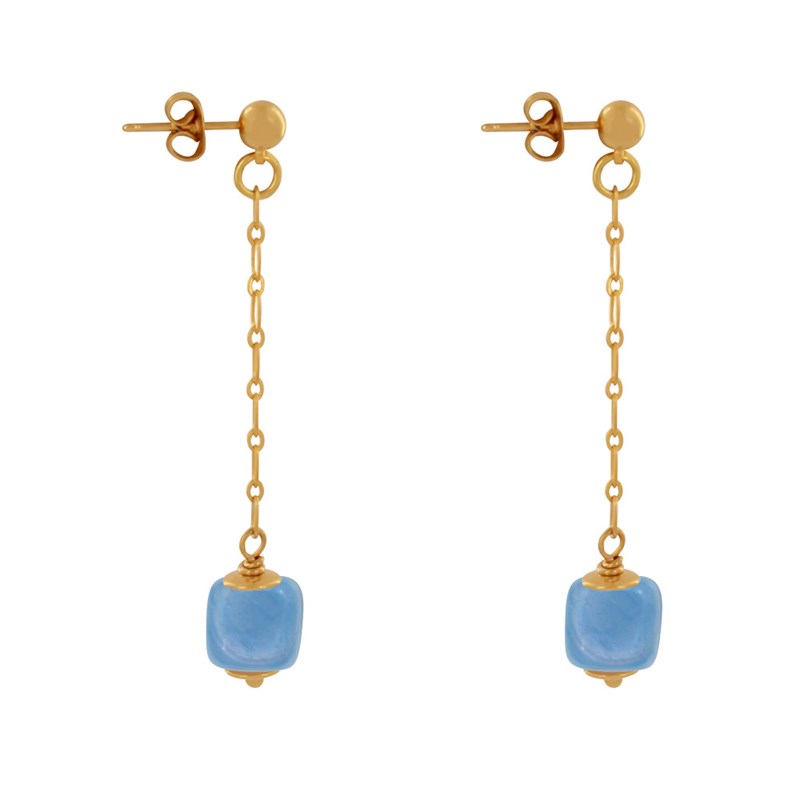 Boucles d'Oreilles Chainette Laiton Doré et Cube en Céramique
