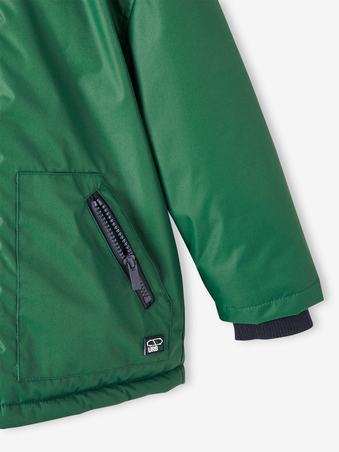 Parka verde com capuz e forro de lã para meninos