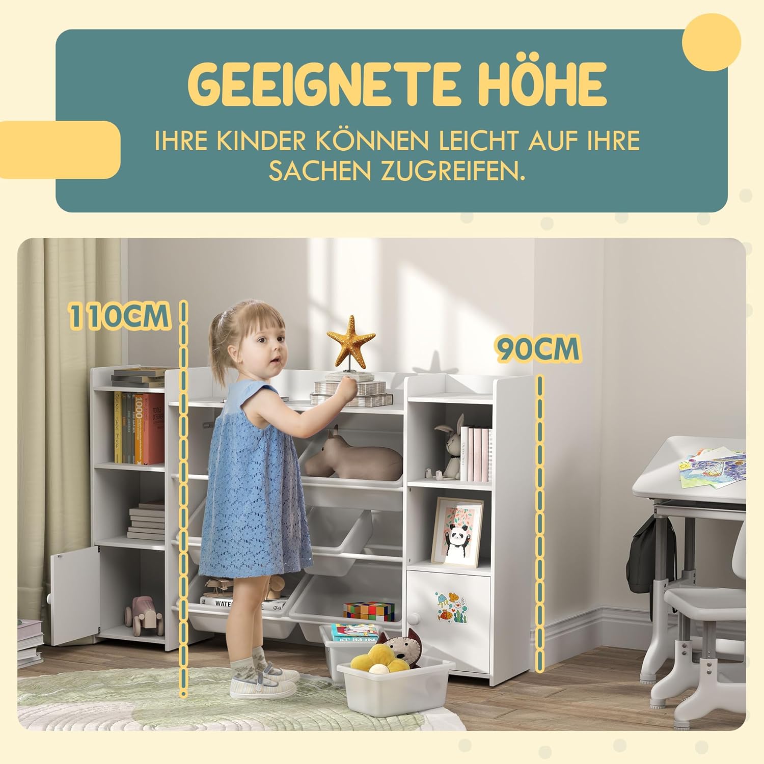 AIYAPLAY Kinderregal, Spielzeugregal Bücherregal mit 8 herausnehmbaren Aufbewahrungsboxen, 4 offenen Fächern, 2 Schrankfächer, für Kinderzimmer, Spielzimmer, Wohnzimmer, 140 x 30 x 90 cm, Weiß