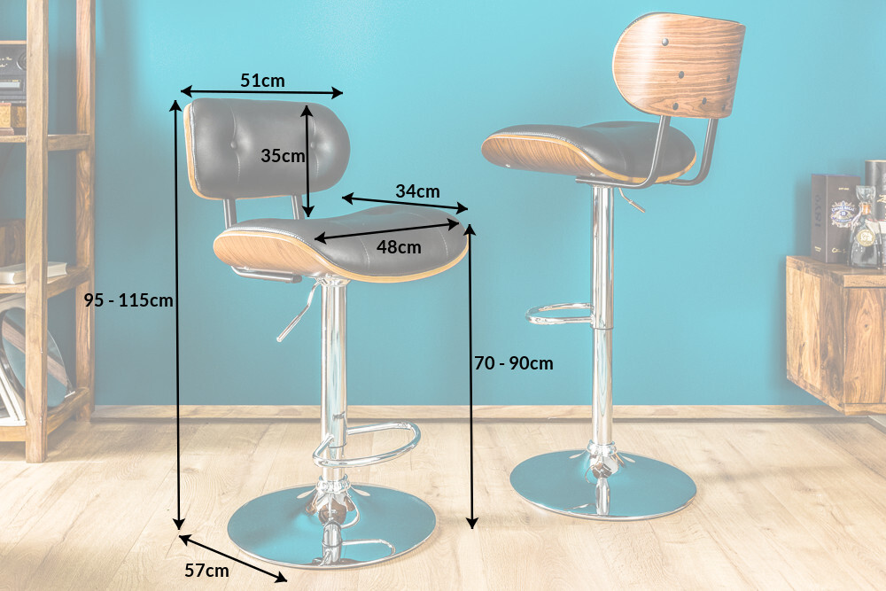 Retro Barhocker CLASSICO schwarz 115cm höhenverstellbar mit Lehne Walnussholz-Design