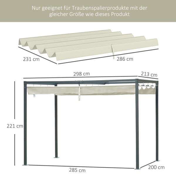 Erstatningstak for 2,85 x 2 m pergola, vannavstøtende uttrekkbar bølgetak med regndreneringshull, UV-beskyttelse 30+, vintersikkert skyggetrekk for ha