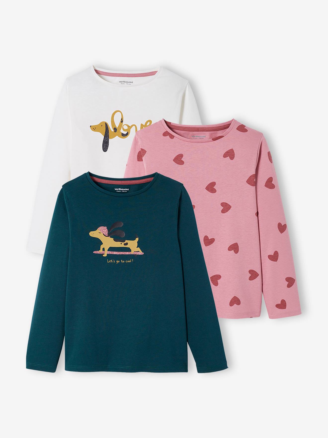 Conjunto de 3 camisetas de manga comprida para meninas, tamanho médio, pretas, bicolor/multicoloridas.