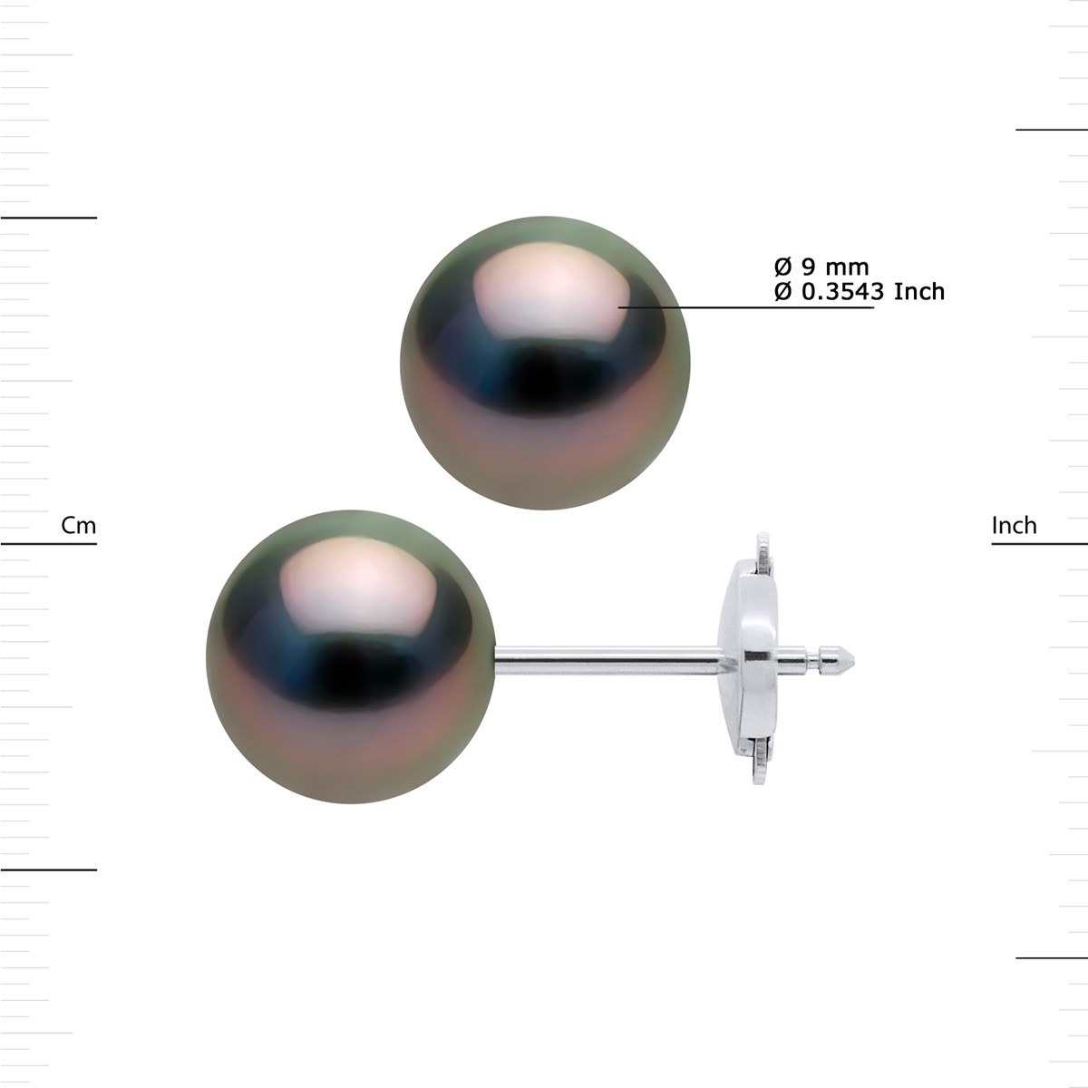Clous d'Oreilles Perles de Tahiti Rondes 9-10 mm Système Sécurité Or Blanc