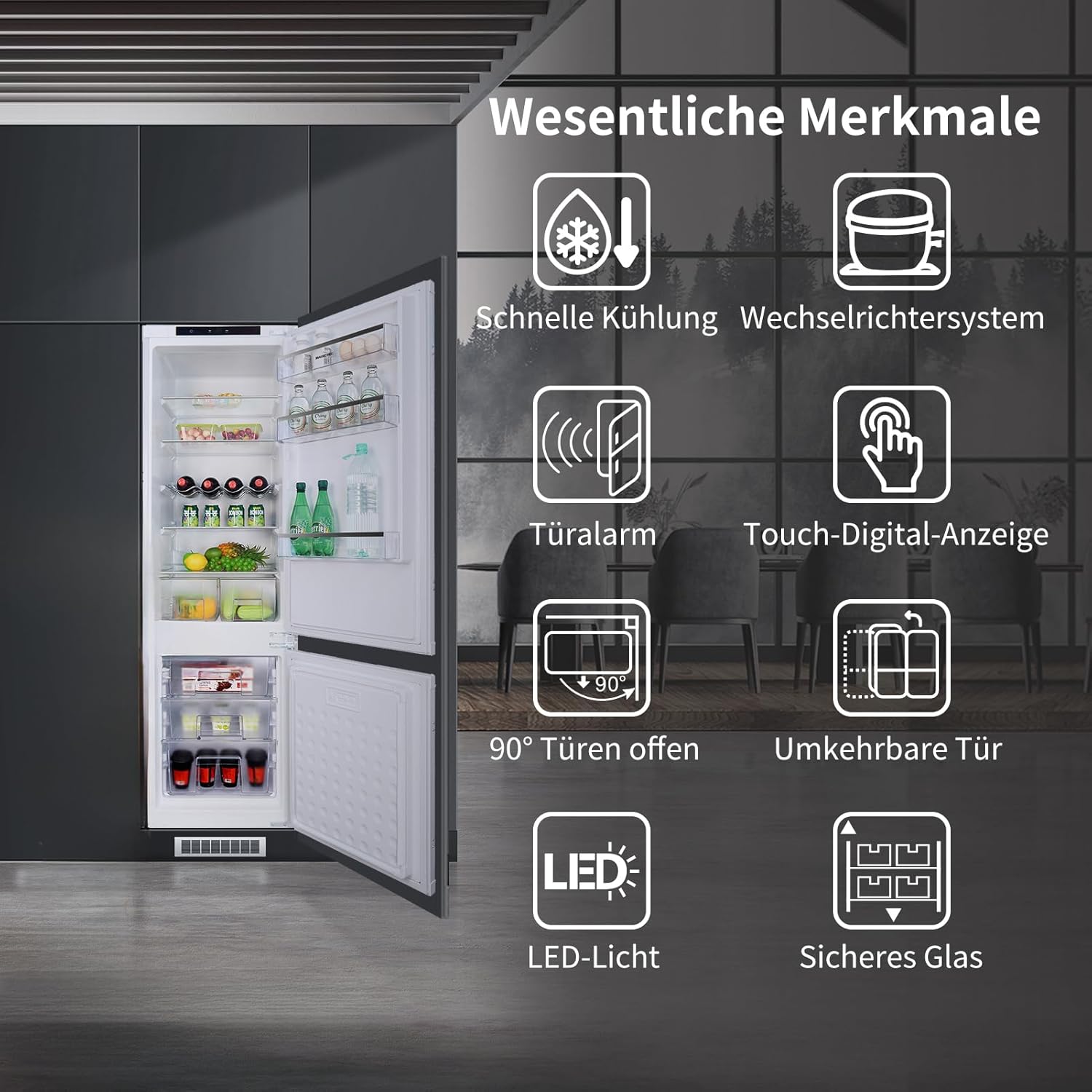 Einbaukühlschrank mit gefrierfach 177 cm hoch ,[​No Frost Plus] , kühl gefrierkombination einbau 178 kühlschrank | 248L (186L/62L) | Energieeffizient |5 hat,5 Schubladen|Leise|Türscharnieren Wechselbar