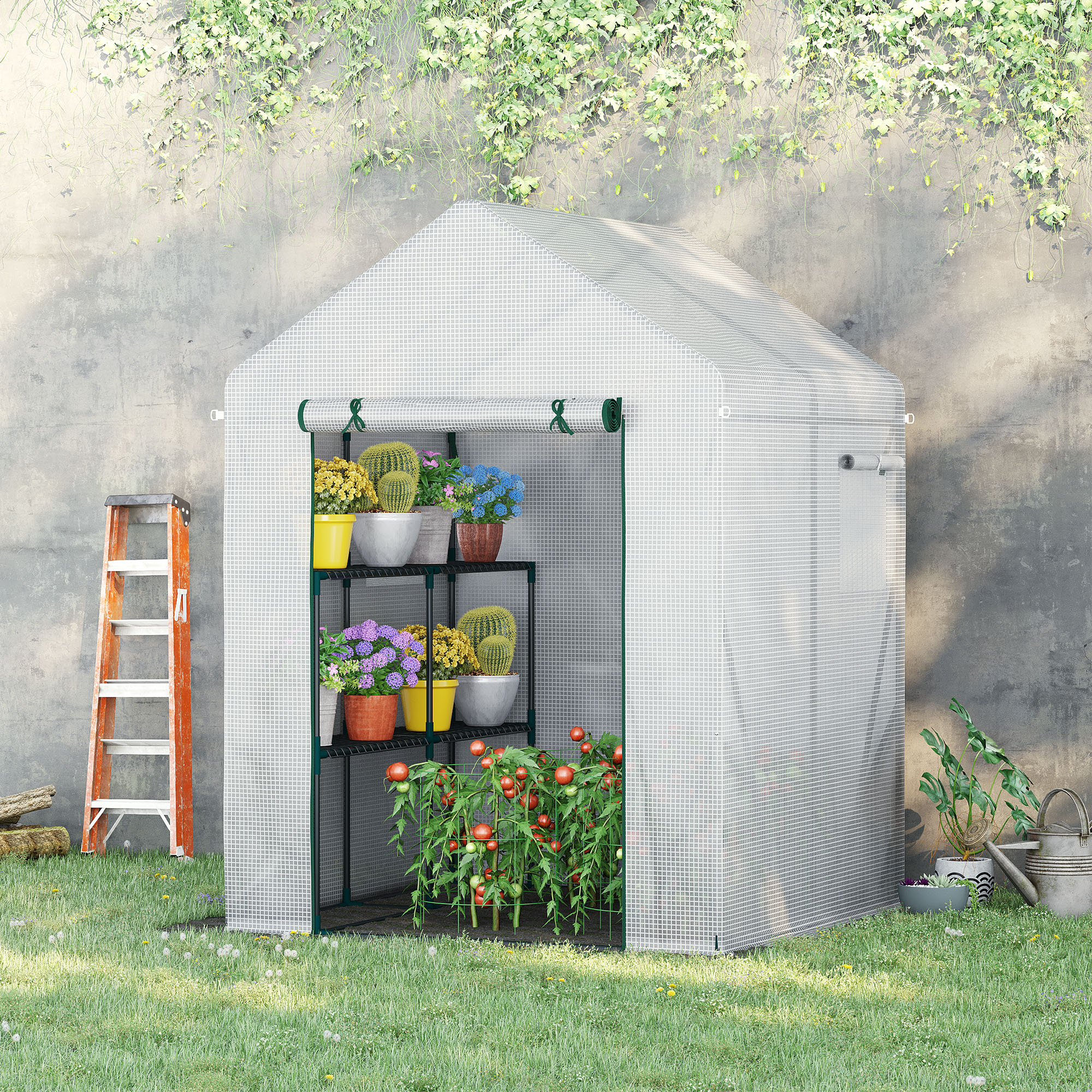 Estufa de jardim Outsunny 143x143x195 cm em aço com 4 prateleiras, porta e 2 janelas de enrolar para cultivo de plantas, vasos e flores, ideal para áreas externas, pátios e varandas. Cor: branca.