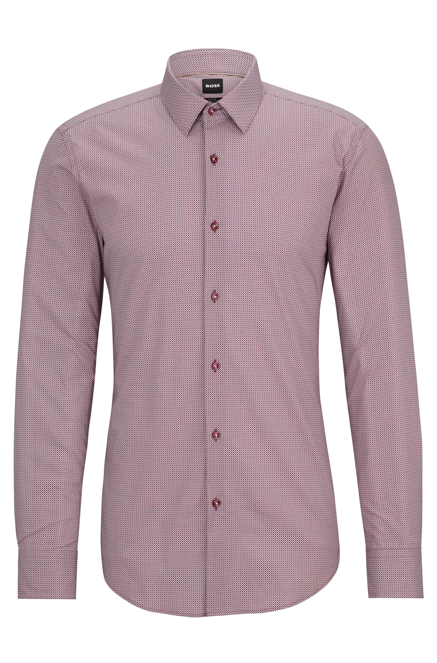 Camisa BOSS preta de corte slim em algodão elástico estampado.