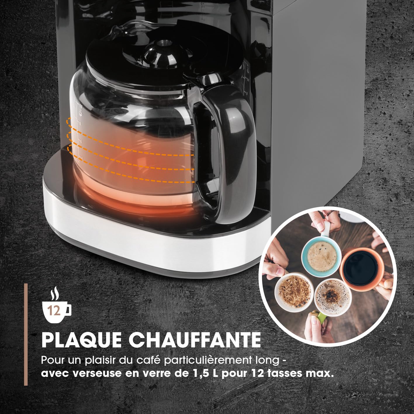 Barista Kaffee & Technik Cafetière Filtre avec verseuse erseuse en verre 1L pur 12 tasses de café, Machine a cafe grain avec broyeur et écran digital,