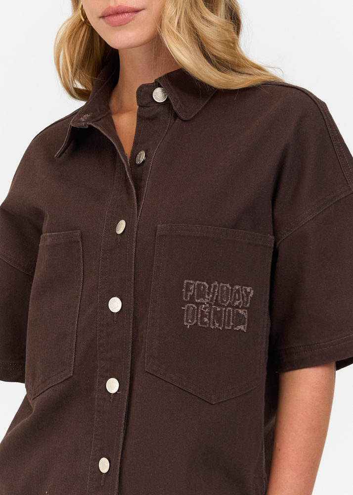 Oversized denim blouse korte mouw deep choco
