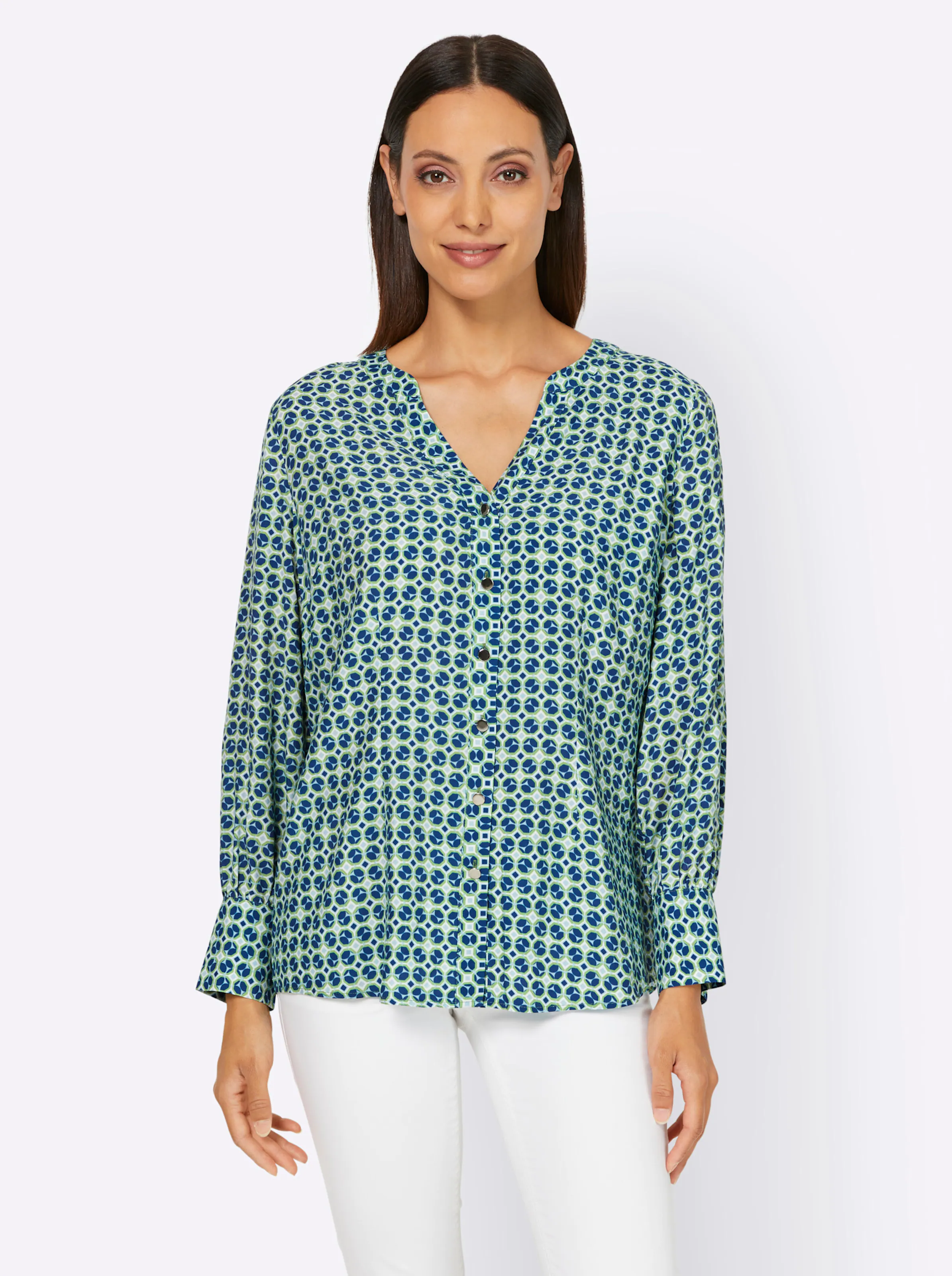 heine Druckbluse in ecru-royalblau-gemustert