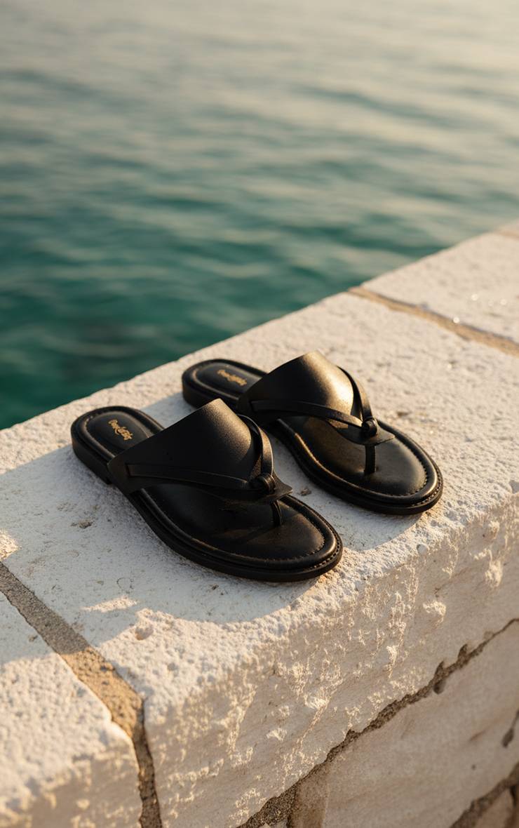 Noir Sandales Plates À Entre-doigt En Synthétiquecuir Avec Empeigne Haute
