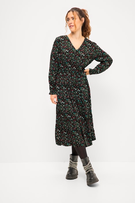 Midikleid, A-Line, Zickzack Print, V-Ausschnitt, elastische Taille, Langarm