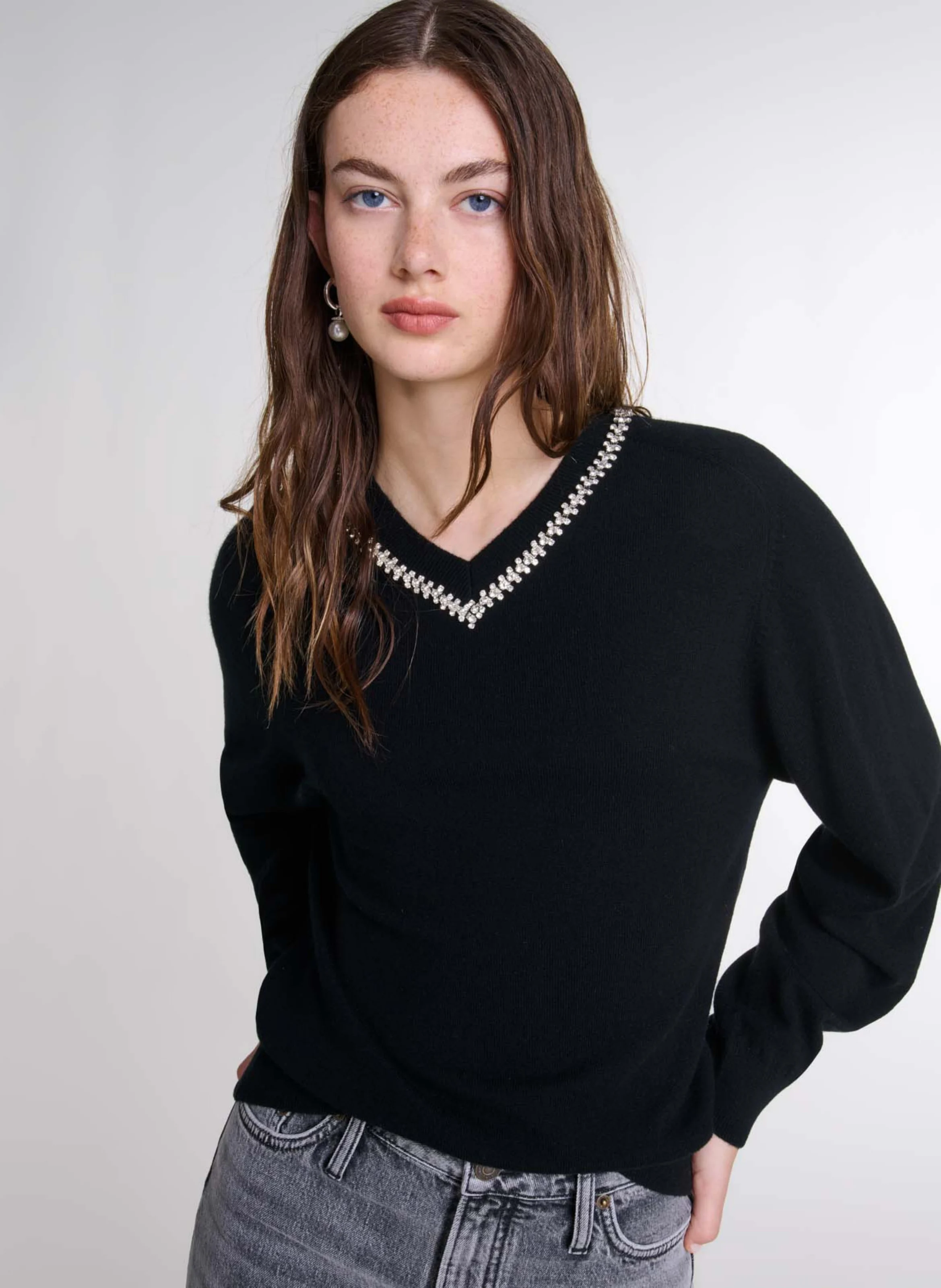 Pull col V en laine mélangée | Noir