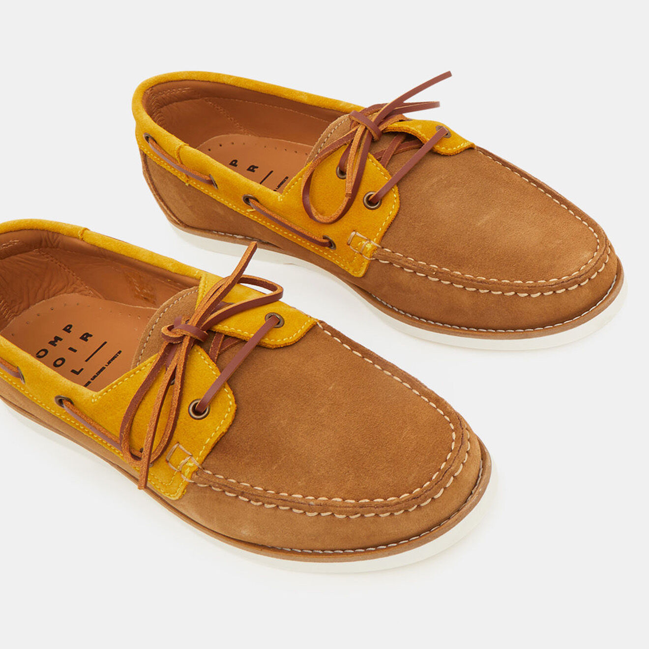 Comptoir GL Chaussures bateau en Velours de Cuir bicolore cognac/Camel