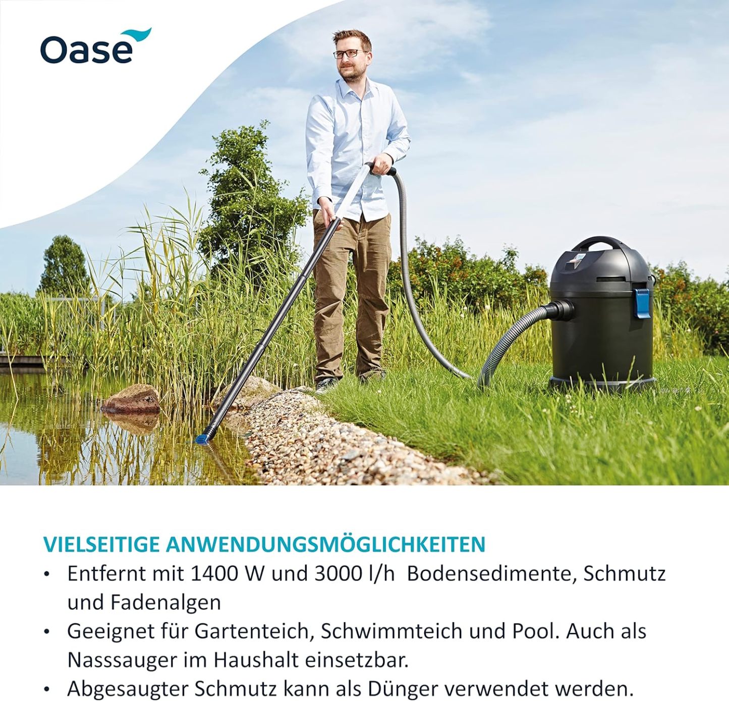 Oase 50529 PondoVac Classic, 1400 W, 3000 l/h - Teichschlammsauger, Reinigung und Wasseraufbereitung inkl. 4 Saugdüsen für für Teiche aller Art und Haushalt