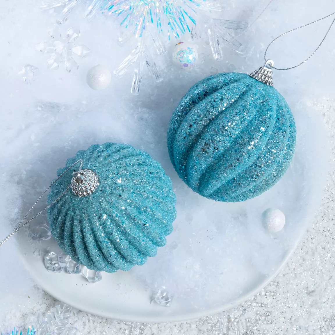 Lot de 12 boules de Noël (D80 mm) Etincelle Bleu glacé