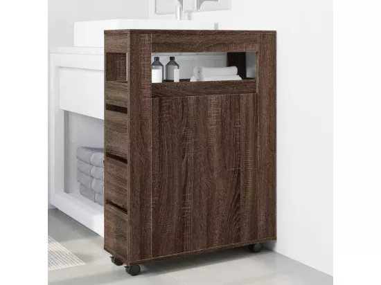 Meuble étroit de salle de bain à roulettes chêne marron