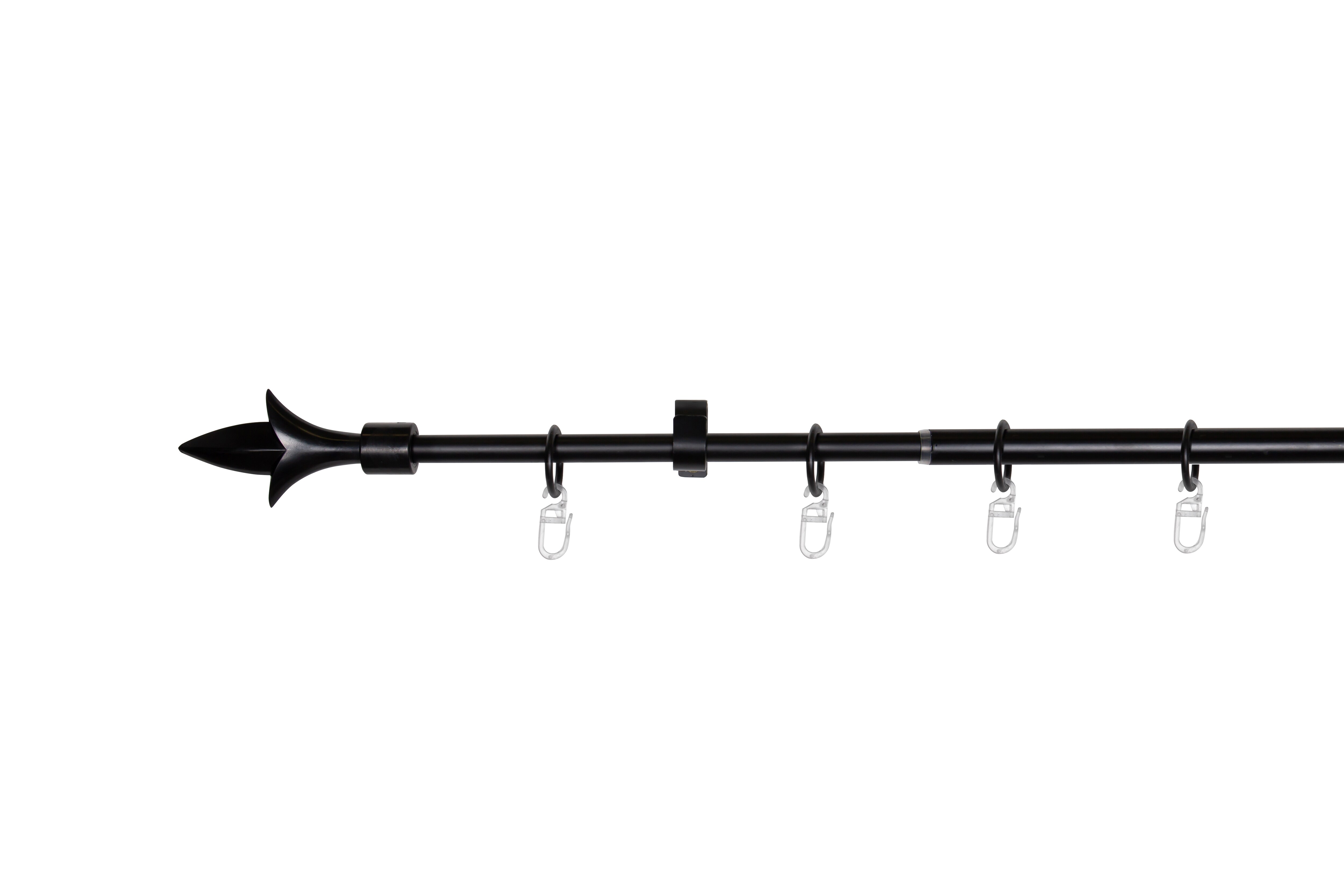 Ondeco Gardinenstange ausziehbar 1-lauf Wandmontage Endstück Lance13/16 mm mit Ringen Farbe: Schwarz, Größe: 130-240 cm