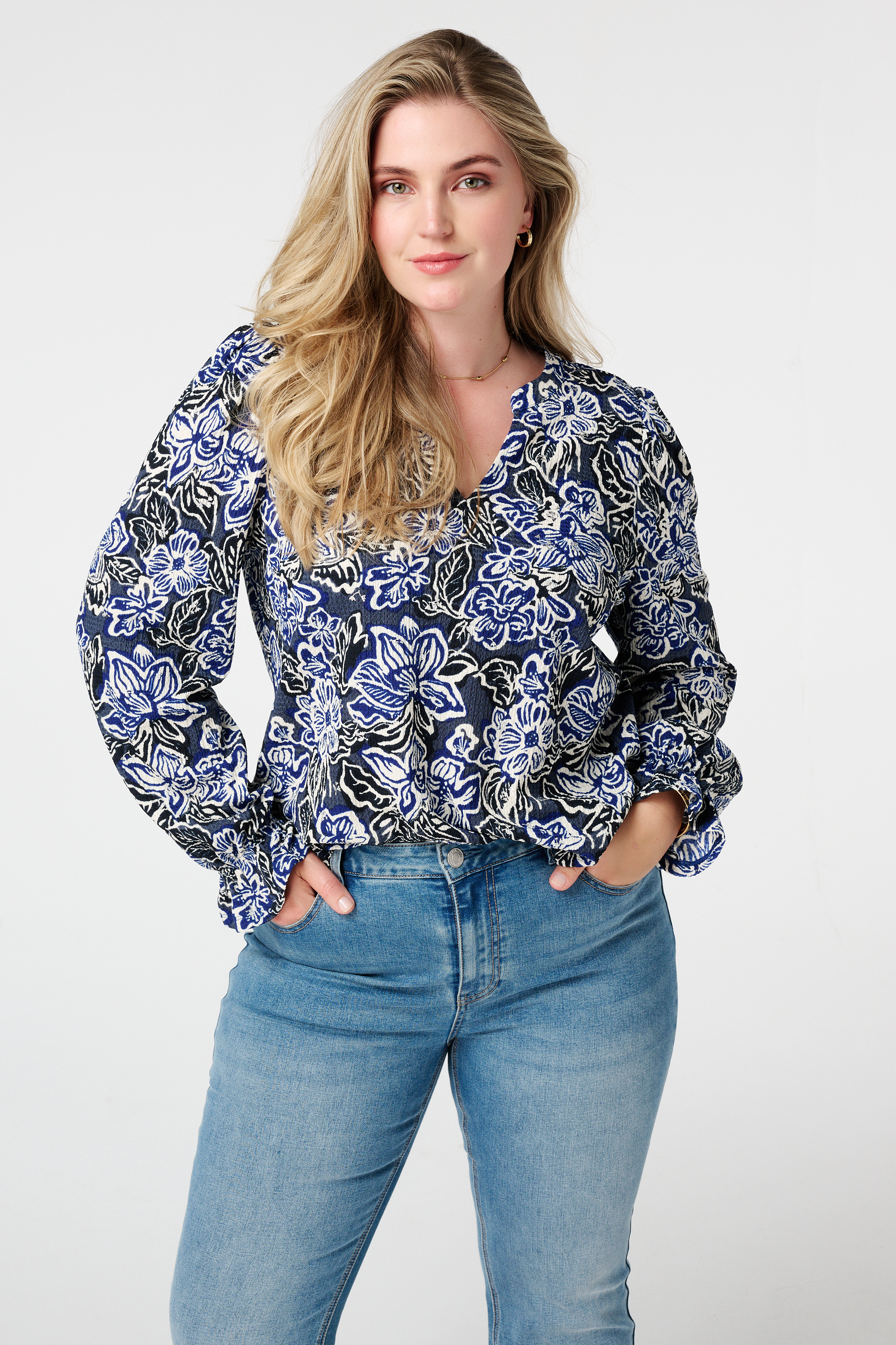 Top met print en stuctuur Multi Kobalt blauw