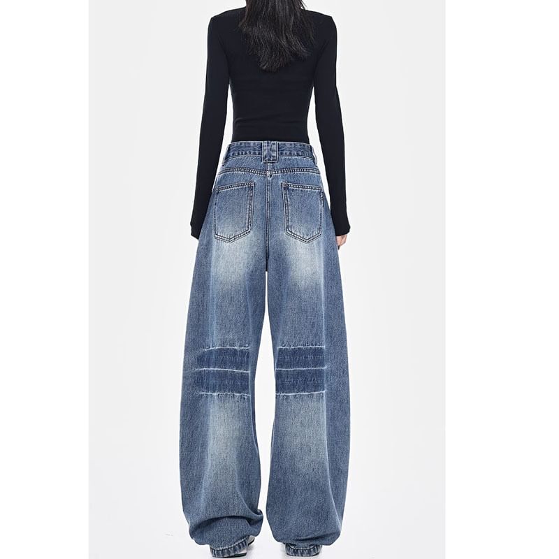 Klevy - Mid Waist Washed Baggy Jeans