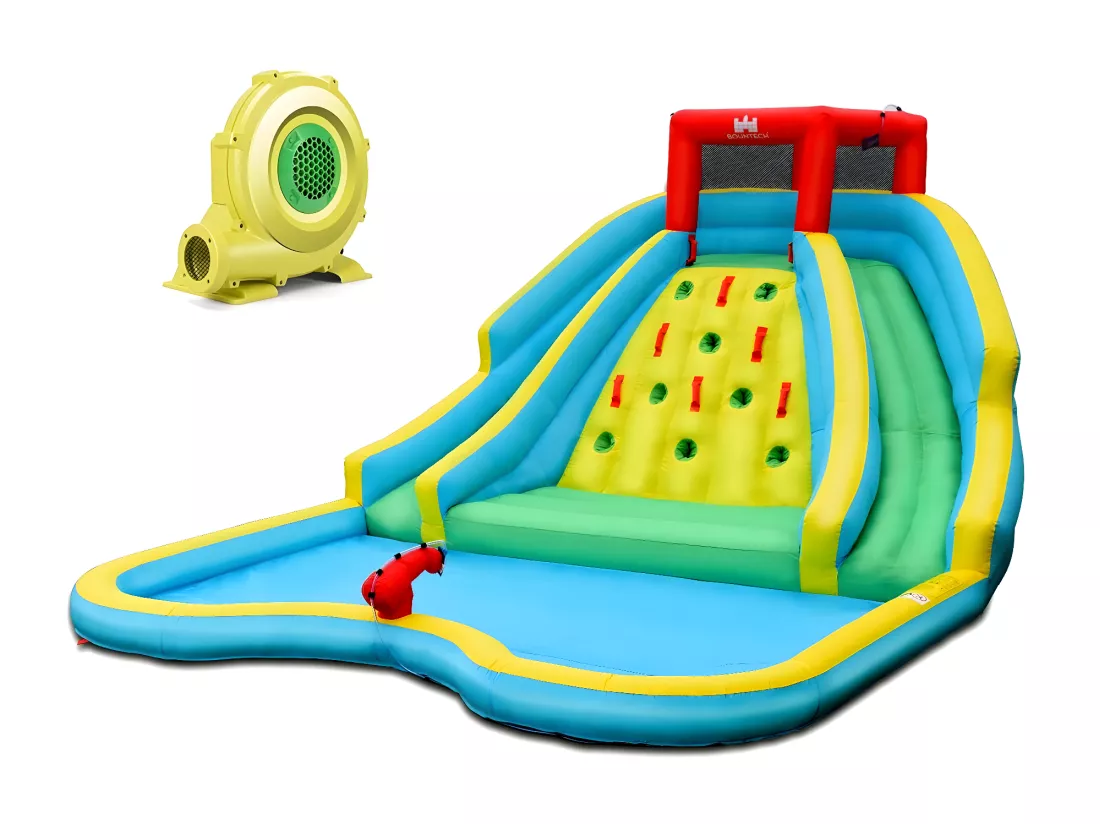 Toboggan Aquatique Gonflable 5 en 1 avec Pataugeoire, Aire de Jeux Gonflable en Oxford avec Mur d'escalade, Canon à Eau, Charge 150kg pour 2-3 Enfants de 3-10 Ans (avec souffleur 680W)