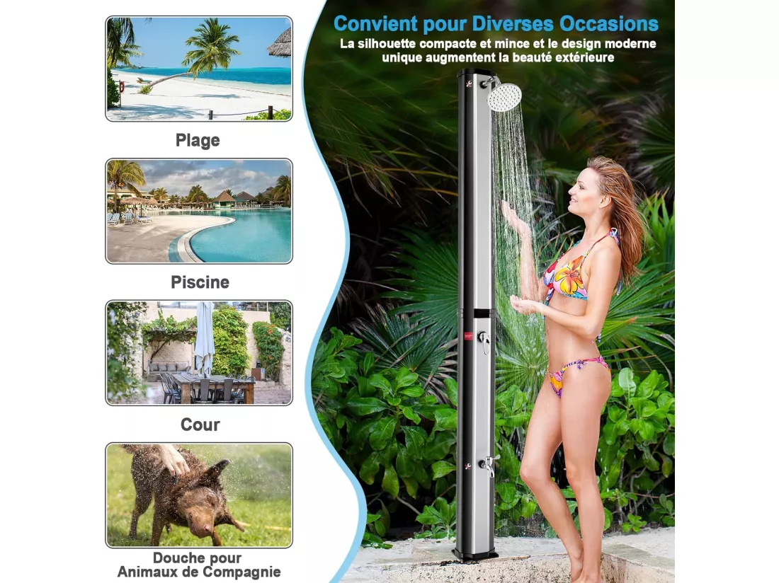 Douche Solaire de Jardin 35L 217cm avec Pommeau de Douche à Rotation Libre Rotatif à 360° Température et Pression Réglables pour Cour, Noir