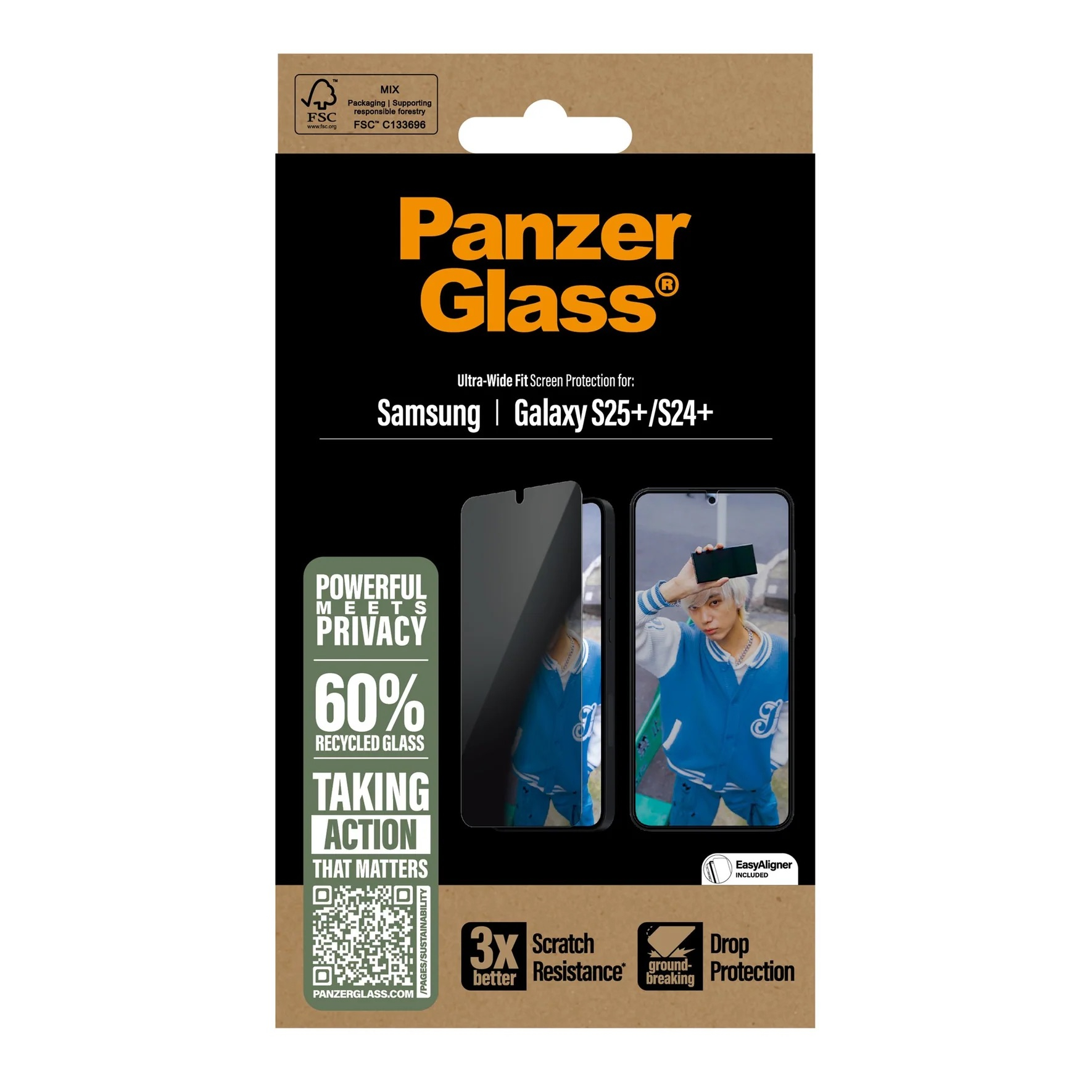Samsung Galaxy S25  Plus Antibakterielle Ultra Wide Fit Privacy Panzer Glas Displayschutz mit Montagerahmen Recycled (PGRPUWFG37942)