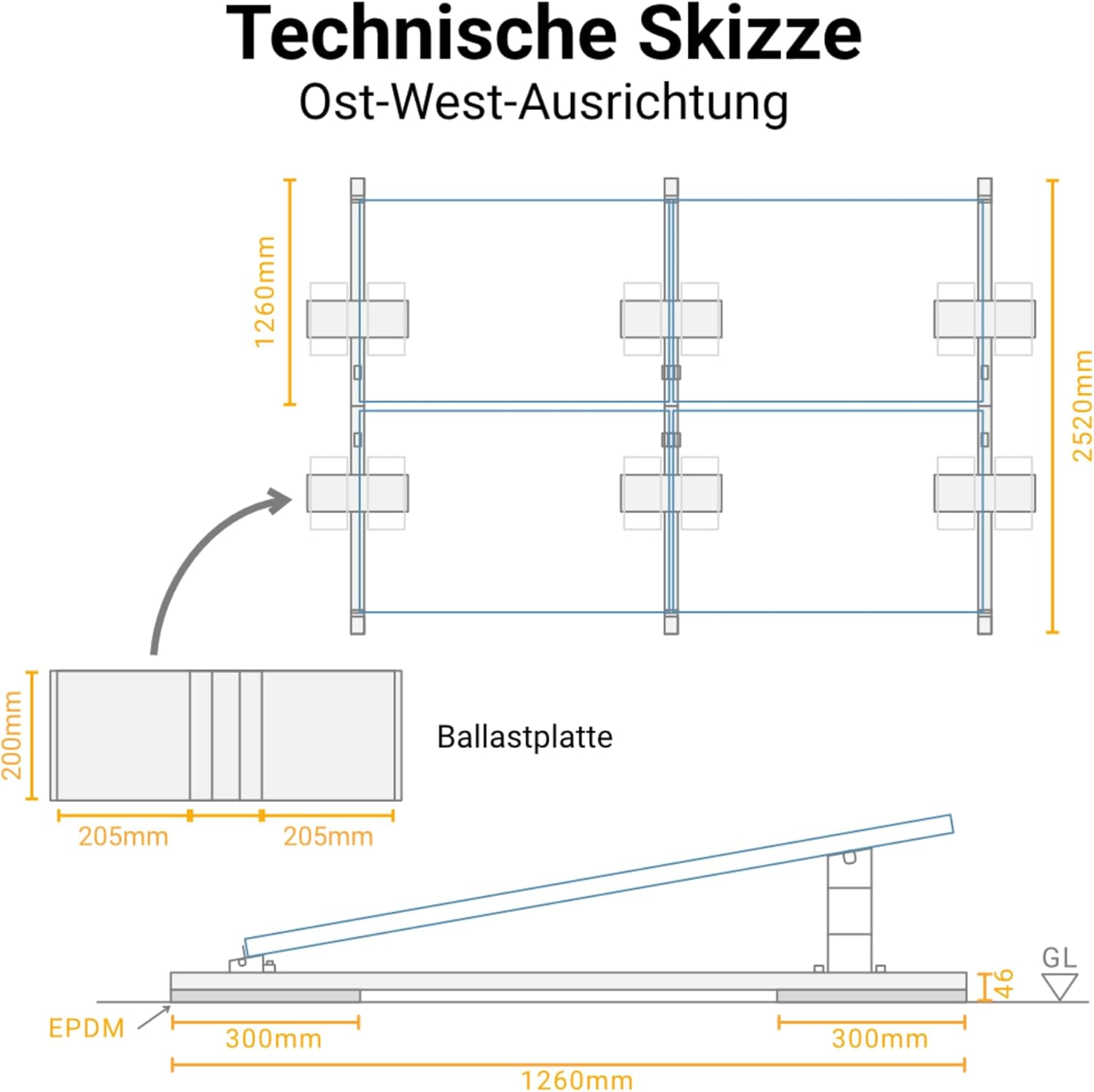PV Flachdach Halterung ohne Bohren | Für 4 Module | Silber | Flachdach oder Bodenmontage | Einfache Montage