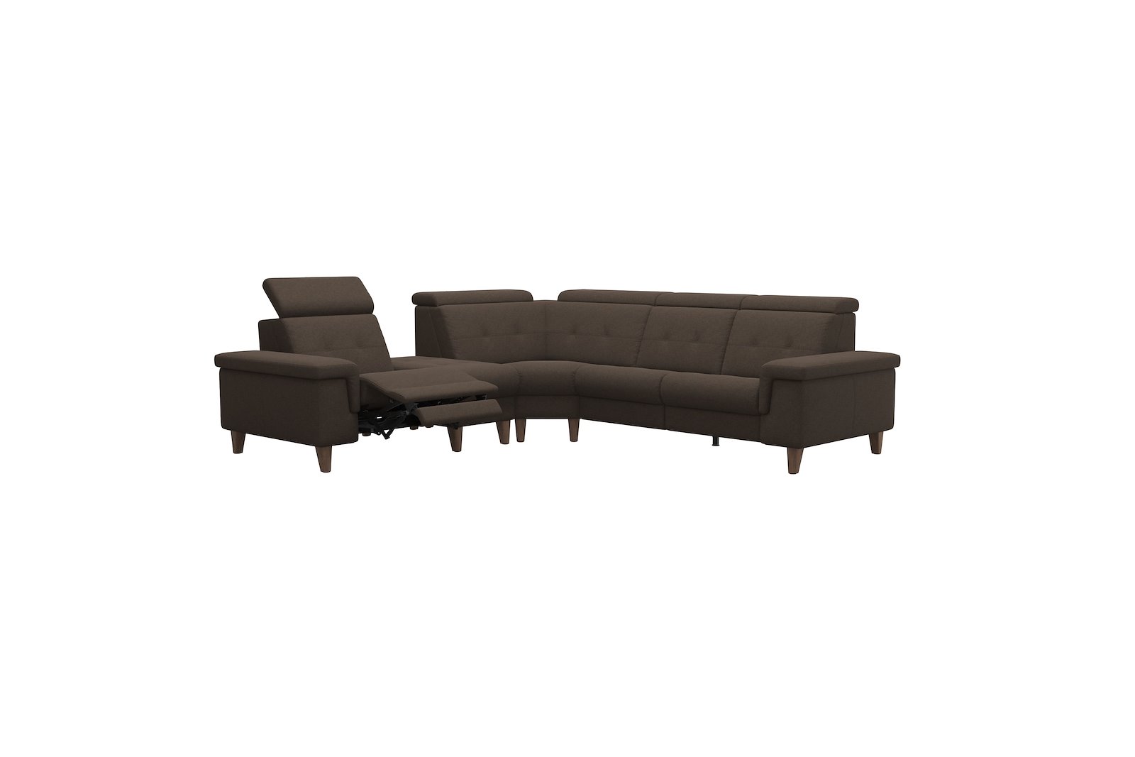 Anna C12 hjørnesofa (PCenterCMM) Tekstil Calido Brown med A2 arm og valnøttbeisede skrå ben, 14 cm. (Power-Center-CornerManual-Manual)