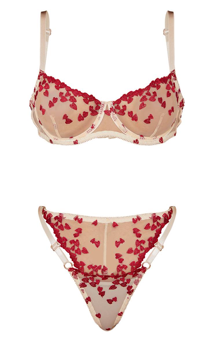 Rouge Ensemble De Lingerie En Tulle Brodé Avec Cœurs Et Armatures