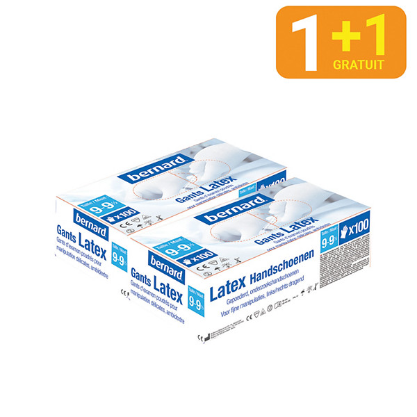 1 + 1 Gants jetables latex poudrés Premium Bernard taille 9, boîte de 100