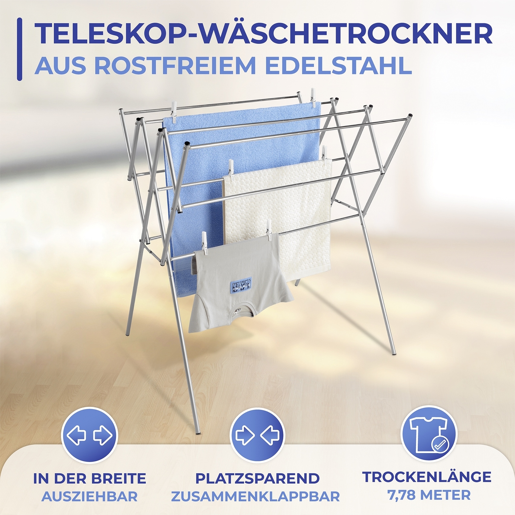 Maximex Wäscheständer »Teleskop« ausziehbarer Wäschetrockner aus Edelstahl, 7,78 m Trockenlänge