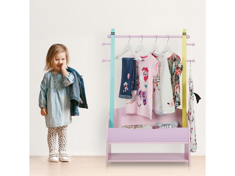 relaxdays Kleiderständer für Kinder 71 x 100.5 cm, Gelb/Ros Garderobenständer mit Kleiderstange, Haken und Ablagen