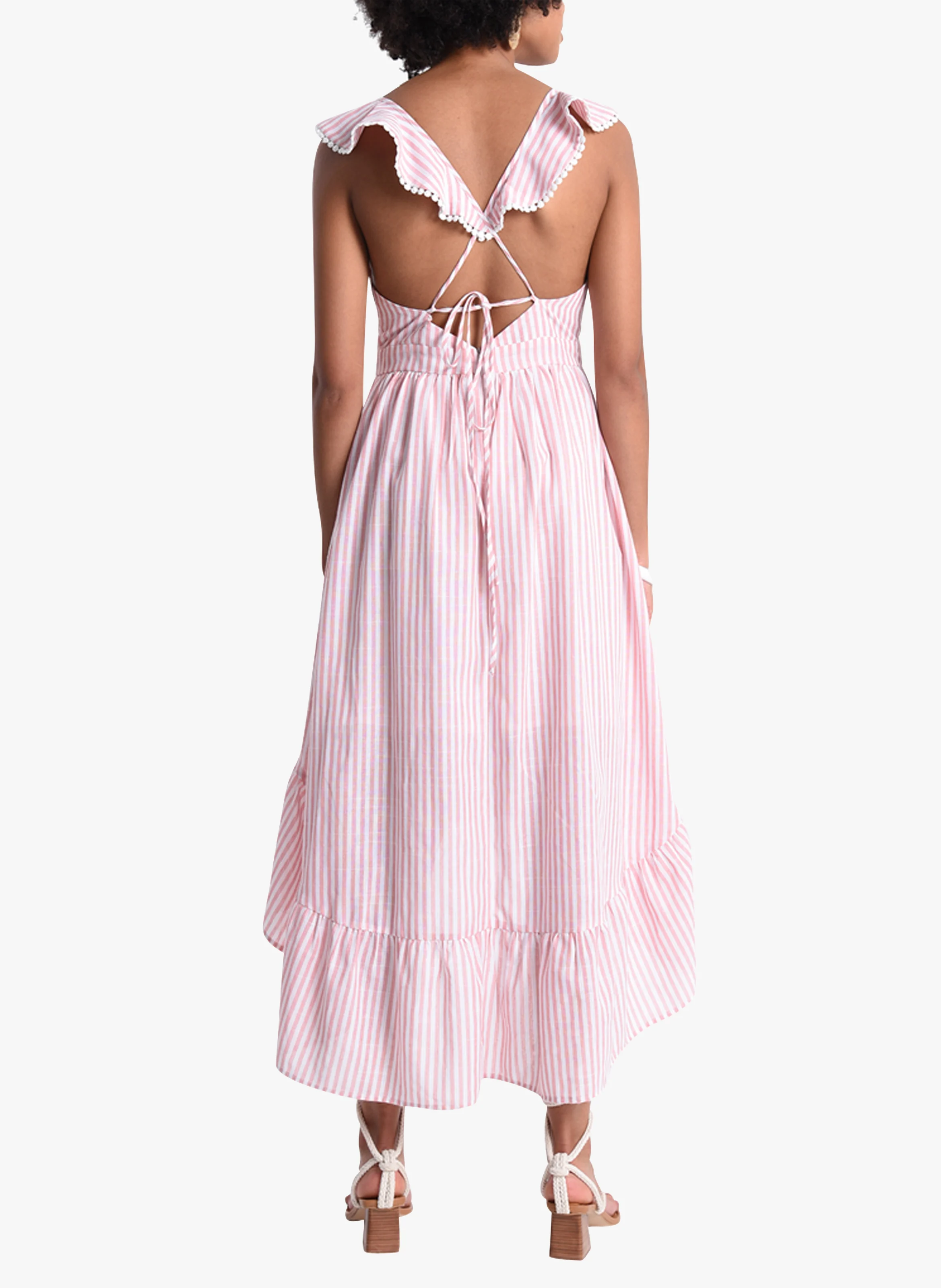 Robe midi col V claudine rayée en coton mélangé| Rose
