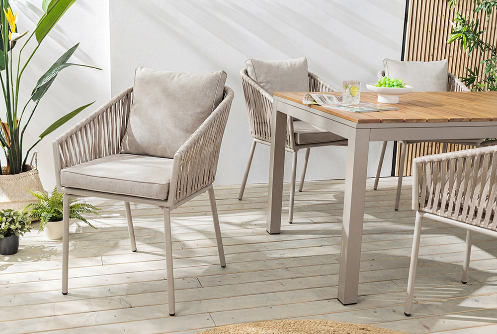 Moderner Stuhl ROPE greige Metall Gartensessel inkl. Kissen In- und Outdoor