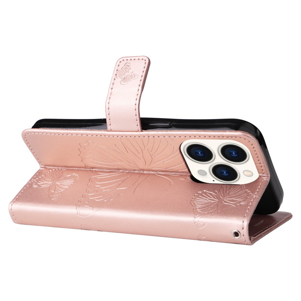 iPhone 14 Pro Leder Tasche mit Kartenfach   Handschlaufe Schmetterling - Roségold