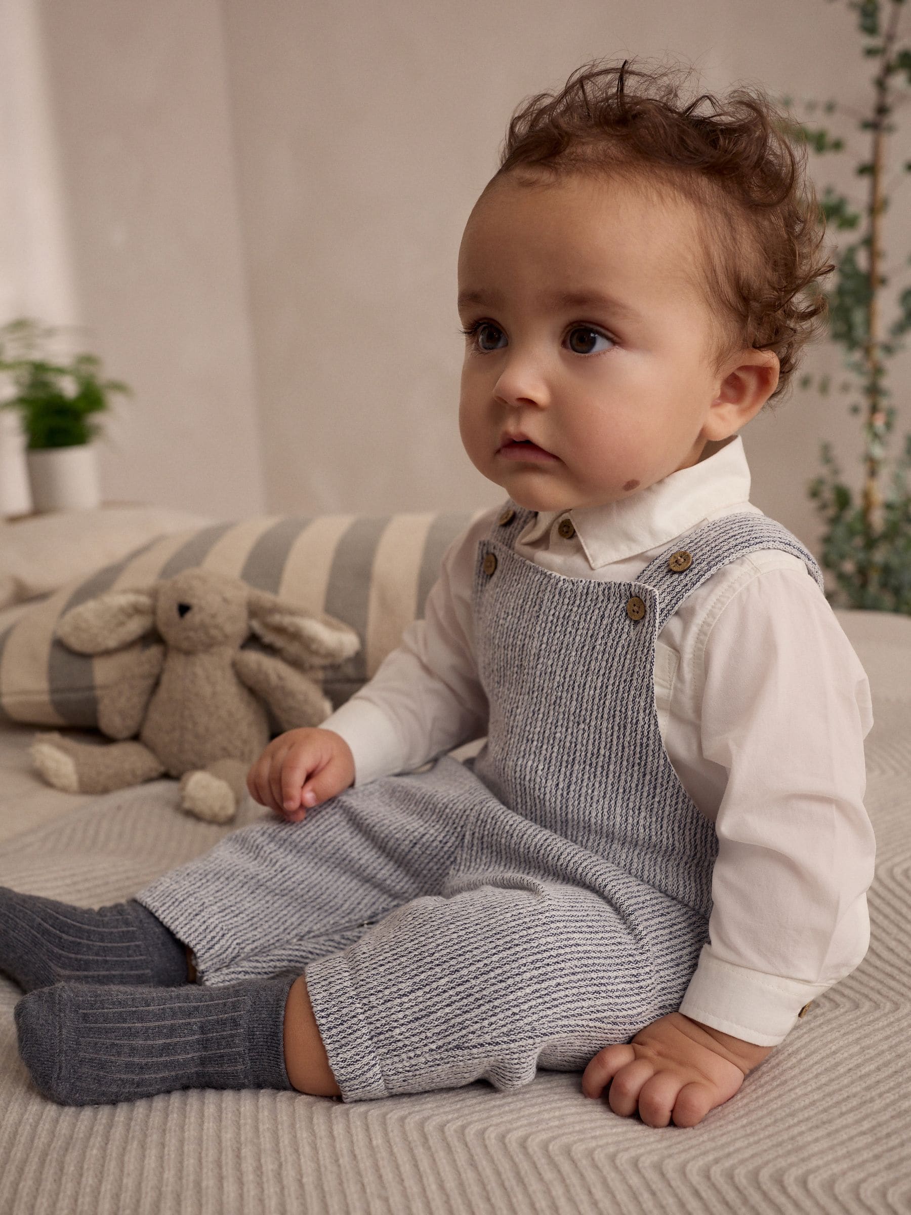 Grijs/wit - Geweven babyset van 100% katoenen bretelbroek en bodysuit (0mnd -3jr)