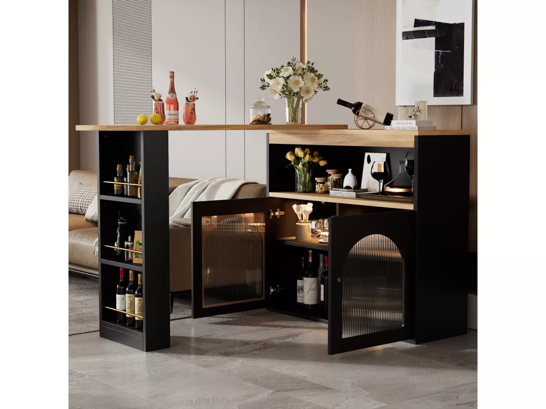 URBAN MEUBLE Buffet Table à manger extensible rotative moderne noir avec rangement et bande lumineuse LED