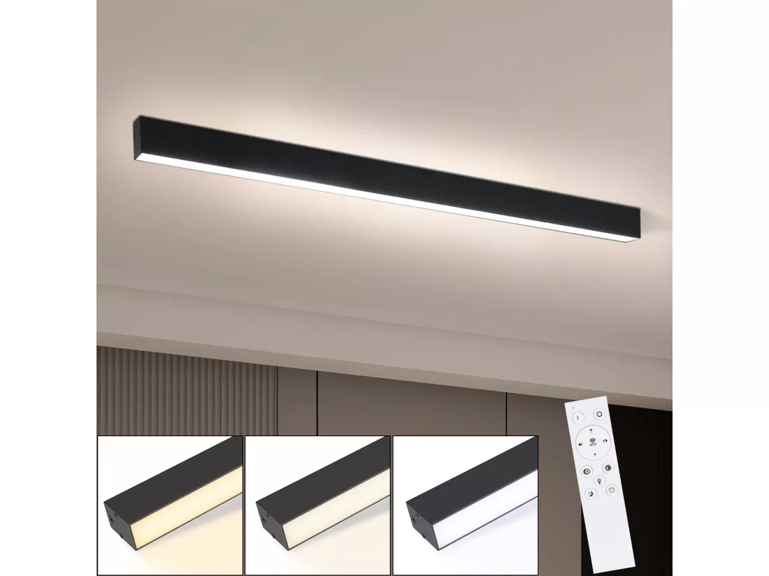 NETTLIFE Plafonnier LED Noir Moderne 107CM Longue Dimmable avec Télécommande Lampe de Bureau 32W Panneau pour Cuisine Chambre