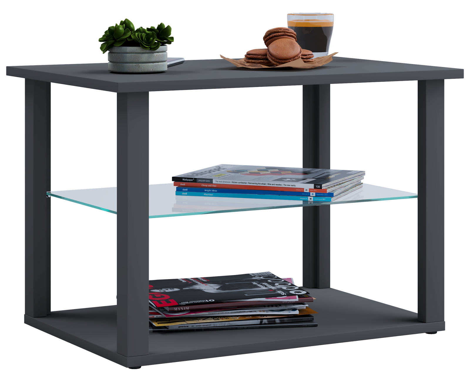 Couchtisch WANILO M - anthrazit - Glasboden - 65x45 cm
