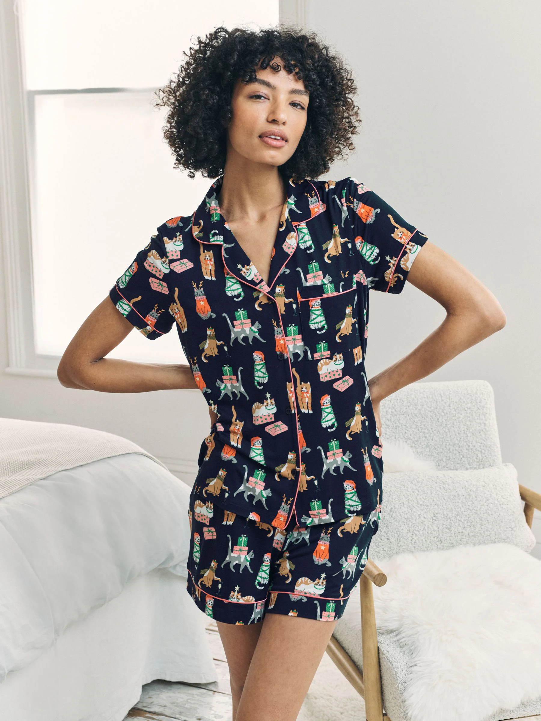 Chelsea Peers Christmas Cats Print Short Pyjamas Set