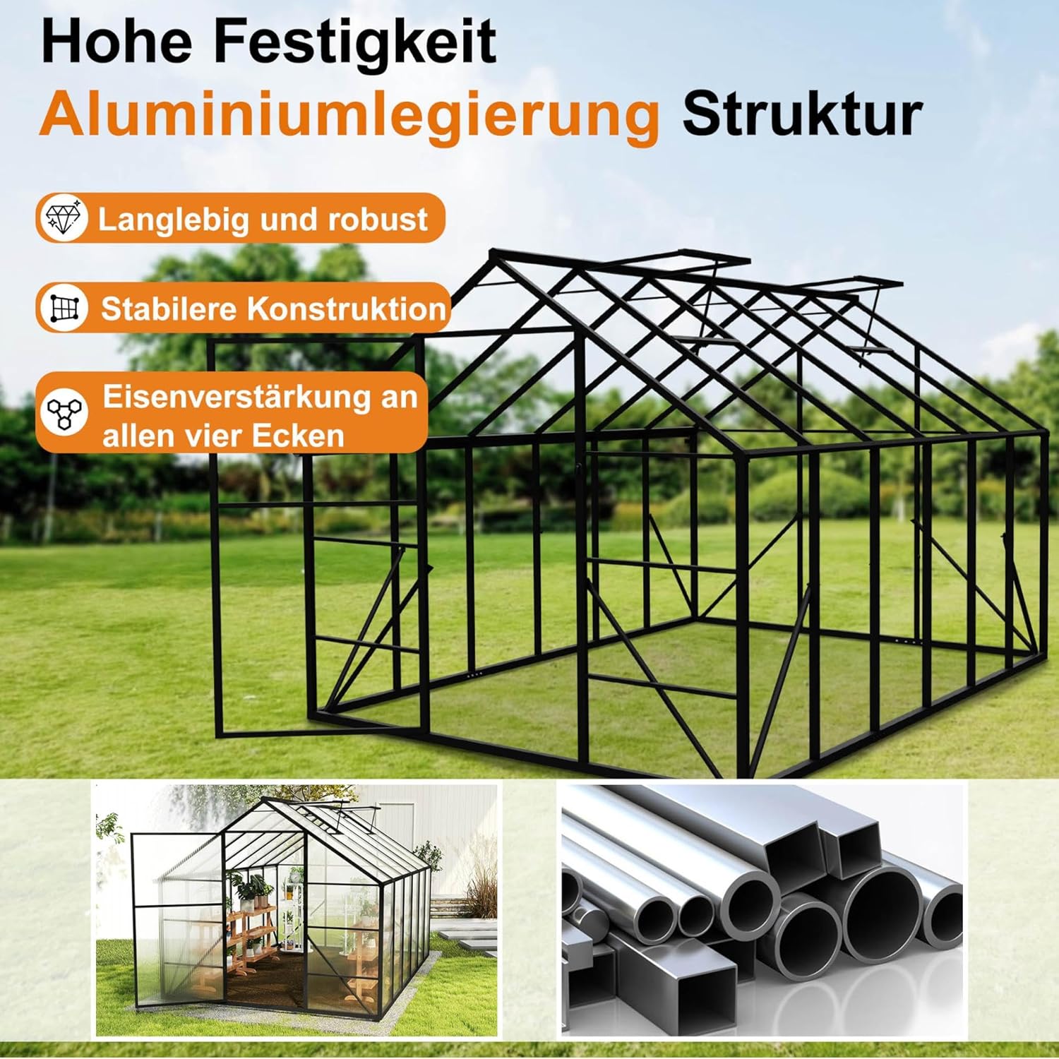 Gewächshaus Aluminium mit Fundament & Dachfenster Tomatenhaus wetterfest rostfrei Treibhaus Anzuchthaus temperaturbeständig Frühbeet Pflanzenhaus für Tomaten, Gemüse & Pflanzen - 380x250x205cm