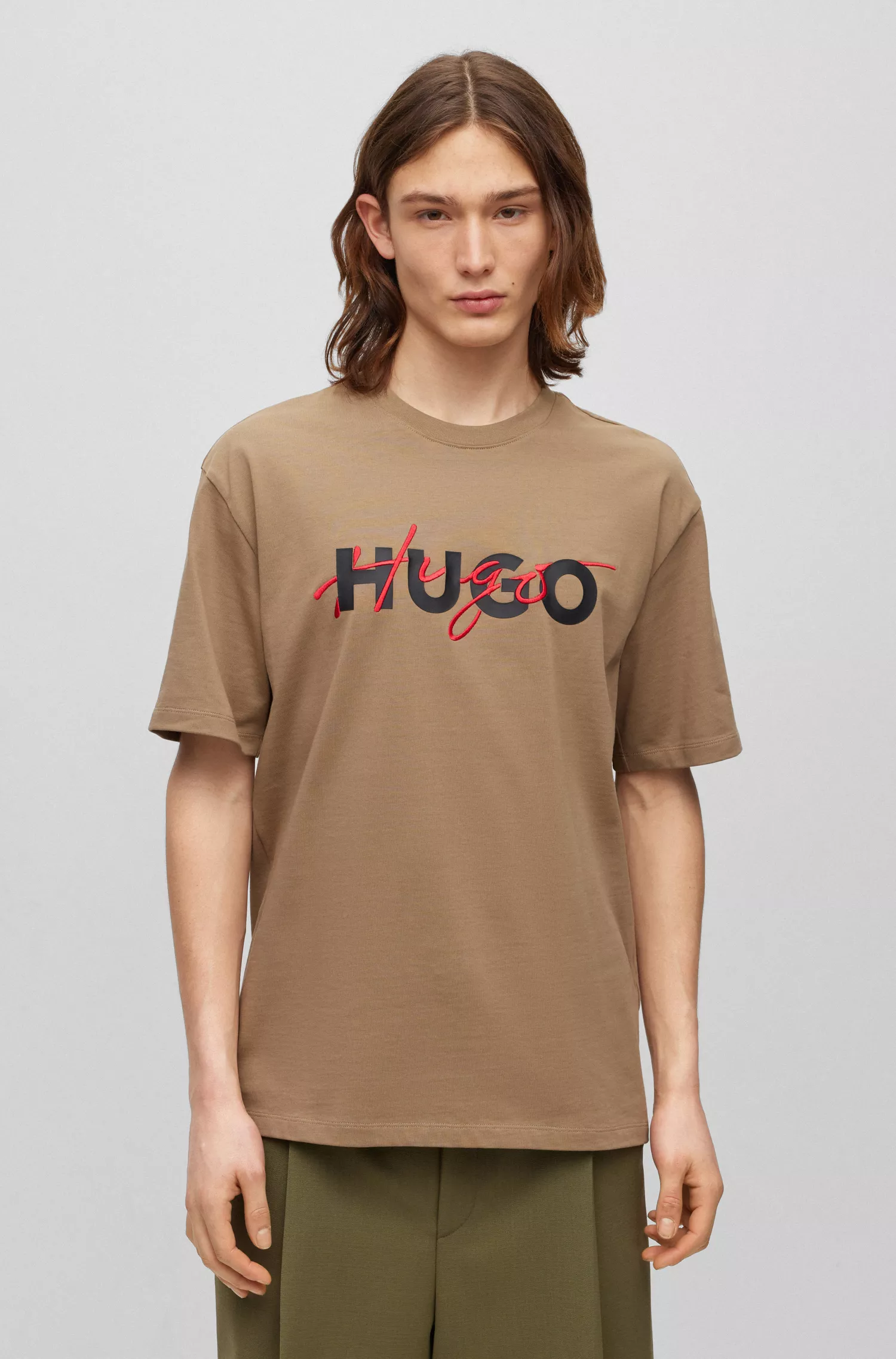 Camiseta HUGO vermelha em malha de algodão com estampa de logo duplo