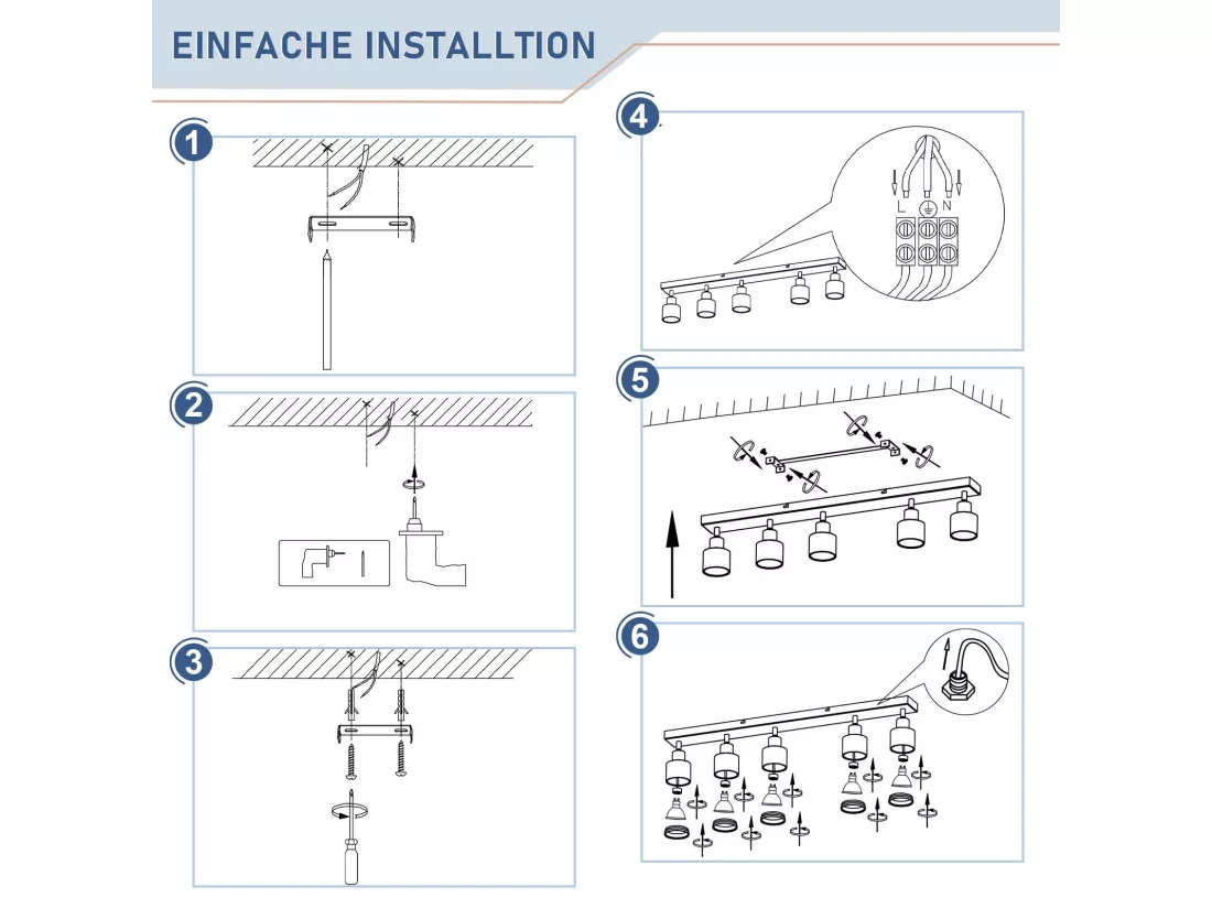NETTLIFE Plafonnier noir moderne : 5 spots de plafond orientables en métal, plafonnier GU10, pour chambre, salle à manger, sans ampoule